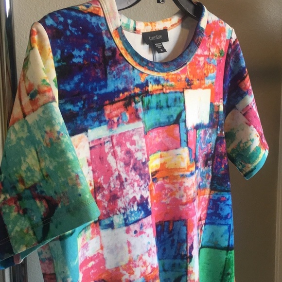 Vibrant, Multi-Color, Abstract Patchwork Karen Kane Short Sleeve Shirt - Picture 3 of 5